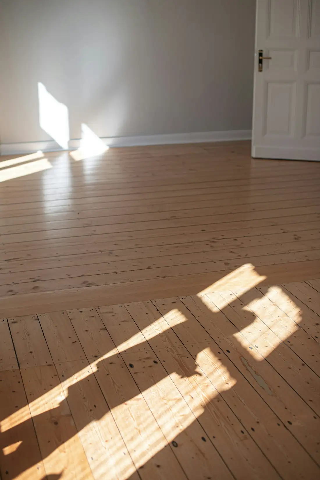 Lames de bois clair éclairées par le soleil qui entre par une fenêtre, porte blanche