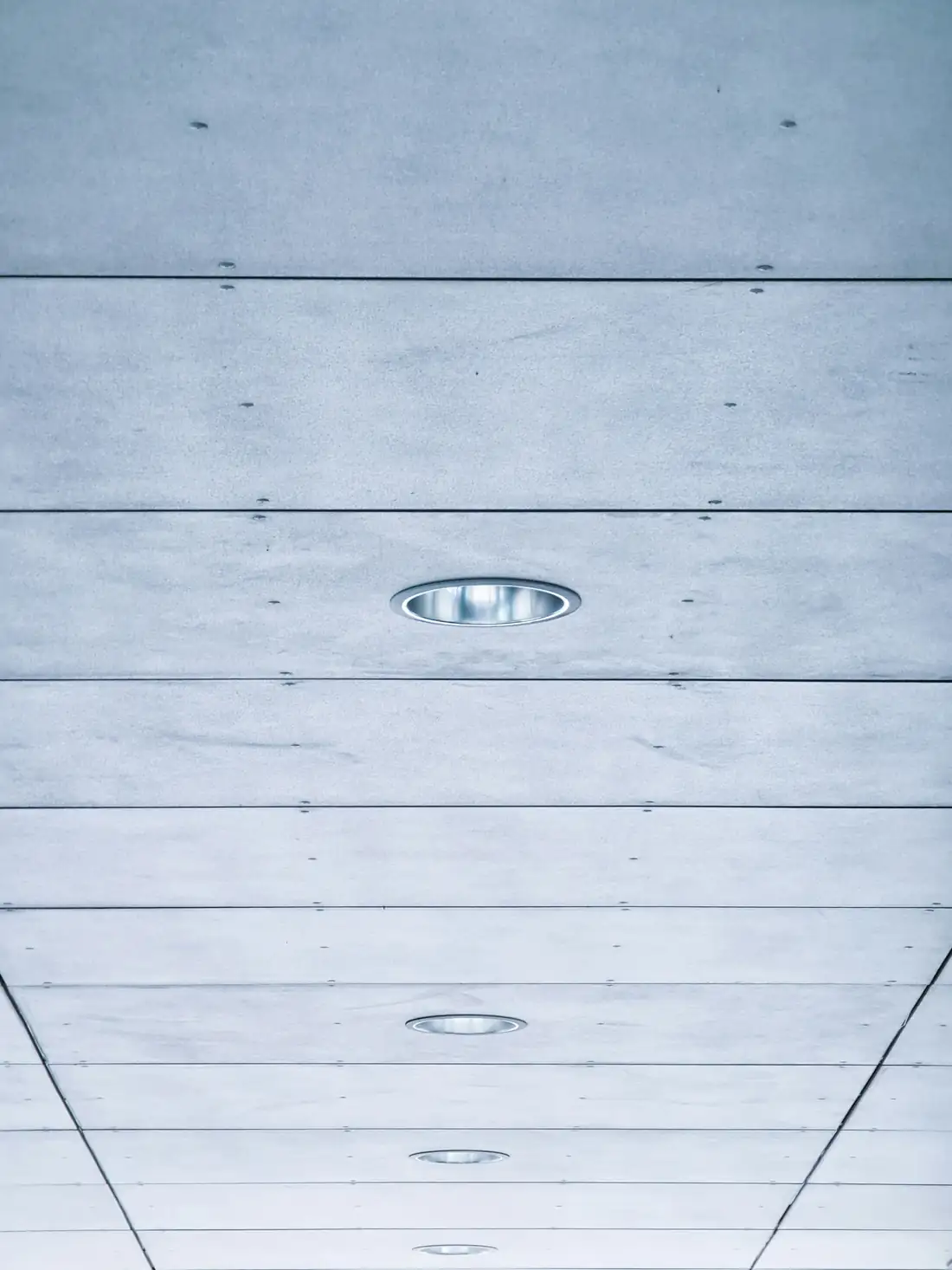 Plafond en lames claires, vu d’en dessous, rangée de spots ronds